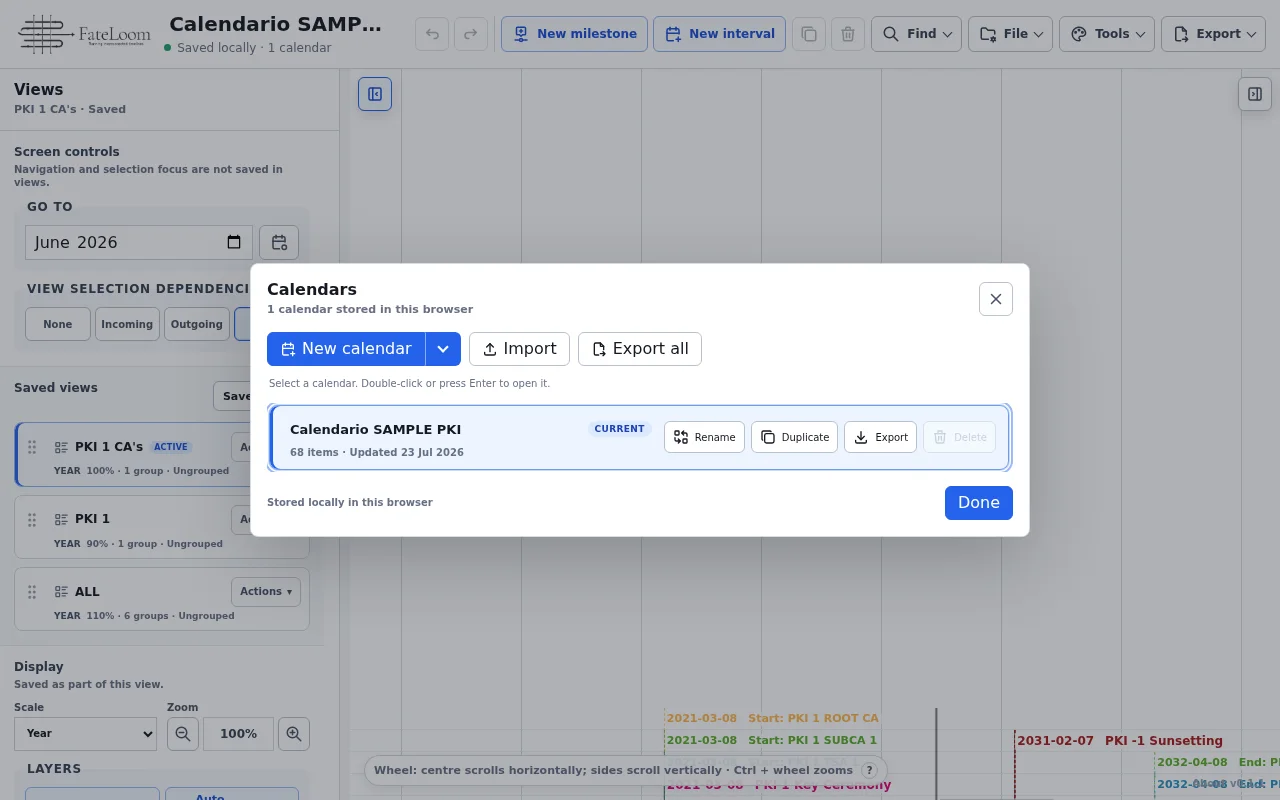 Calendar Manager showing a local library of FateLoom calendars