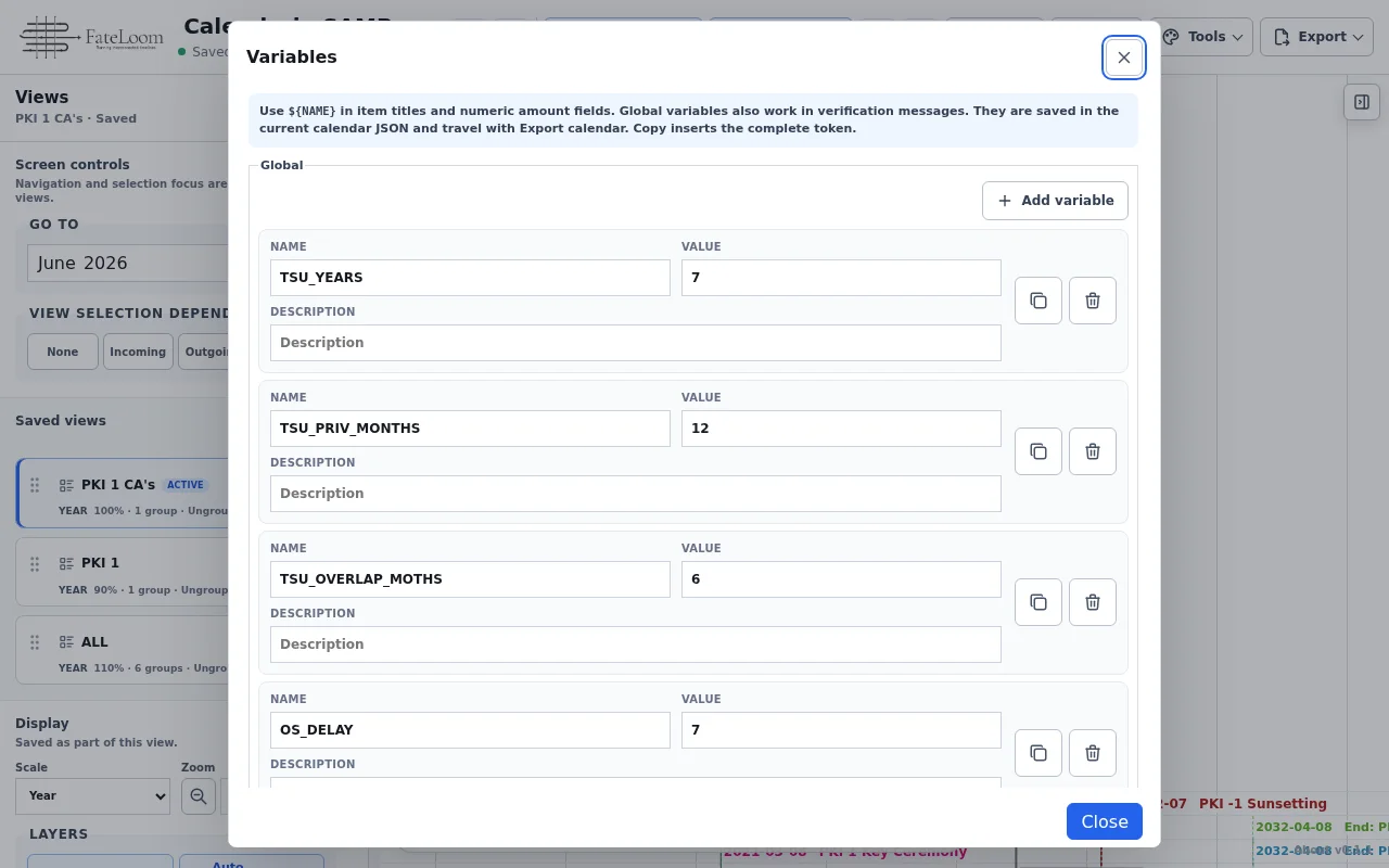 FateLoom Variables dialog showing reusable global planning values