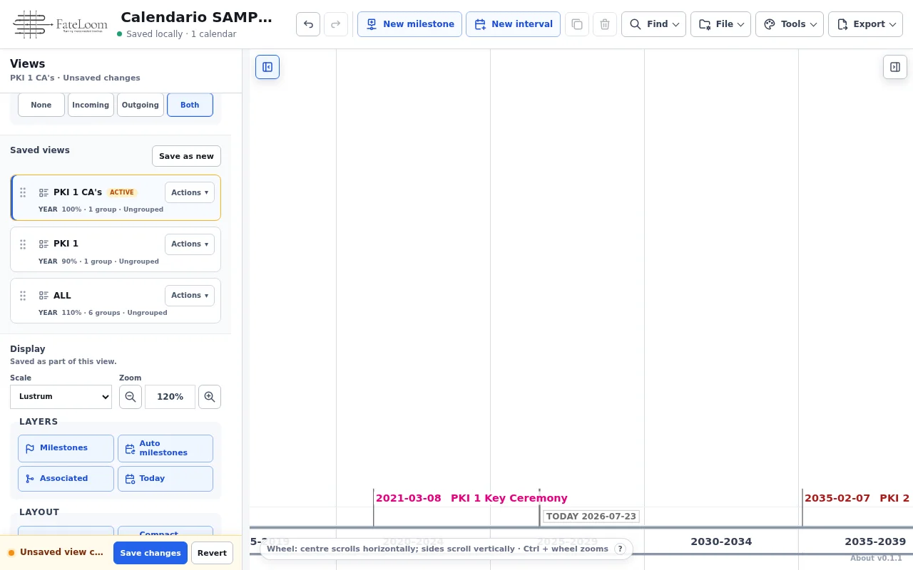 FateLoom showing saved views, group filters, and timeline scale controls